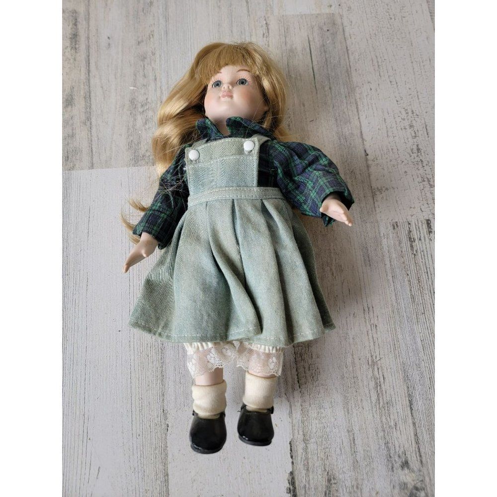 Marian Yu school girl porcelain doll green‎ plaid dress